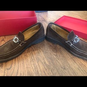 Ferragamo brown suede loafers with a small stain